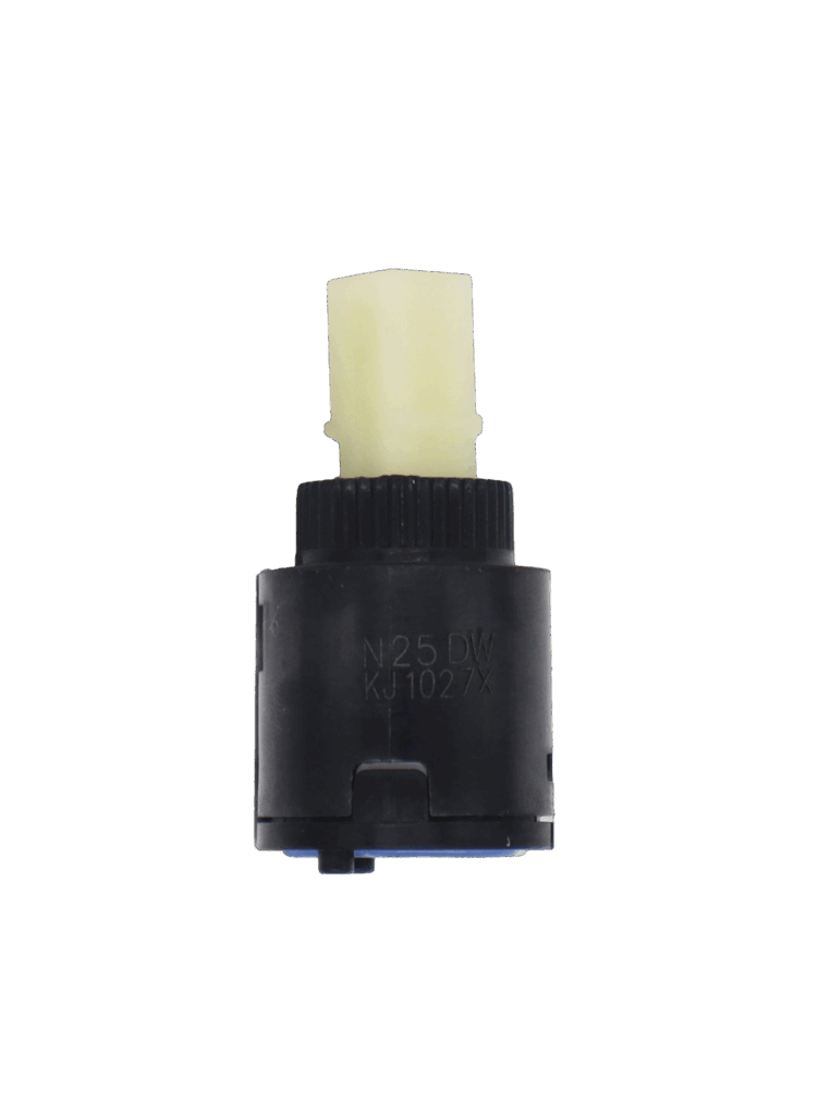 Black plastic cartridge with white plastic handle connection and blue rubber seal.