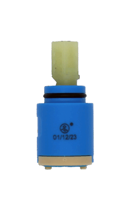 Bright blue and tan cartridge with white square handle connection with blue rubber seal.