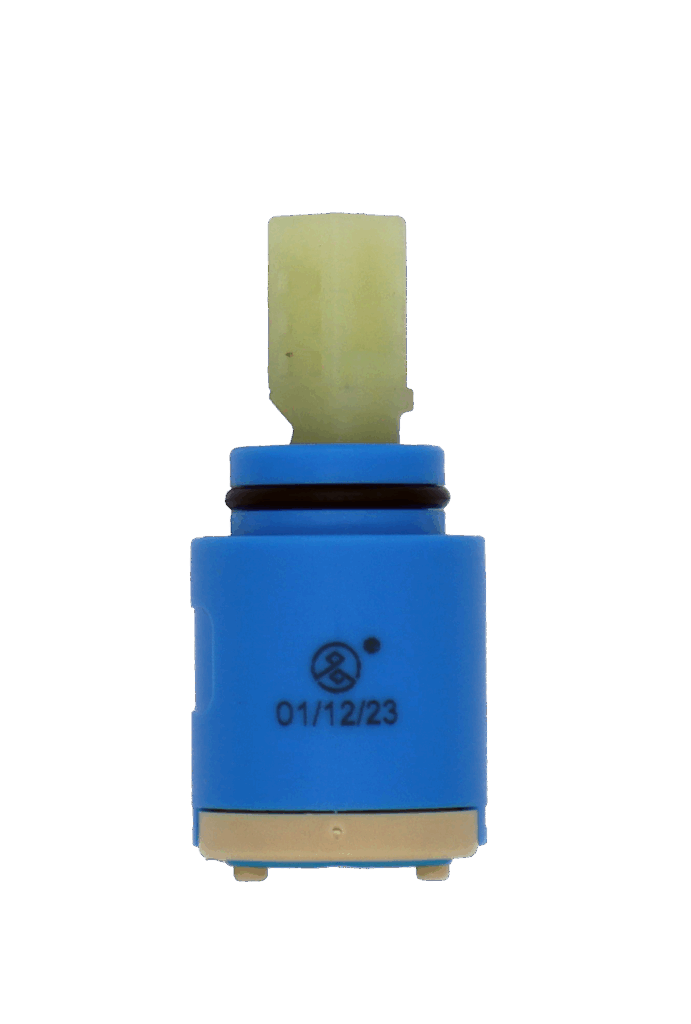 Bright blue and tan cartridge with white square handle connection with blue rubber seal.
