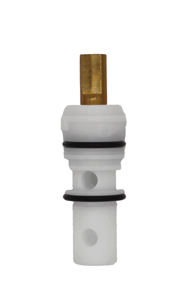 White plastic cartridge with bras d shpated handle connection with black rubber o-rings.
