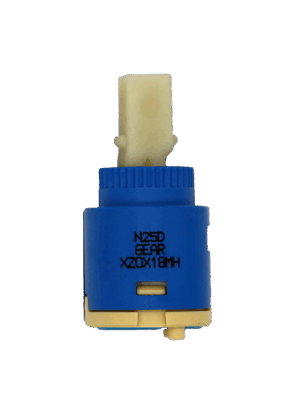 Blue and tan plastic cartridge white square handle connection adn blue rubber bottom seal.