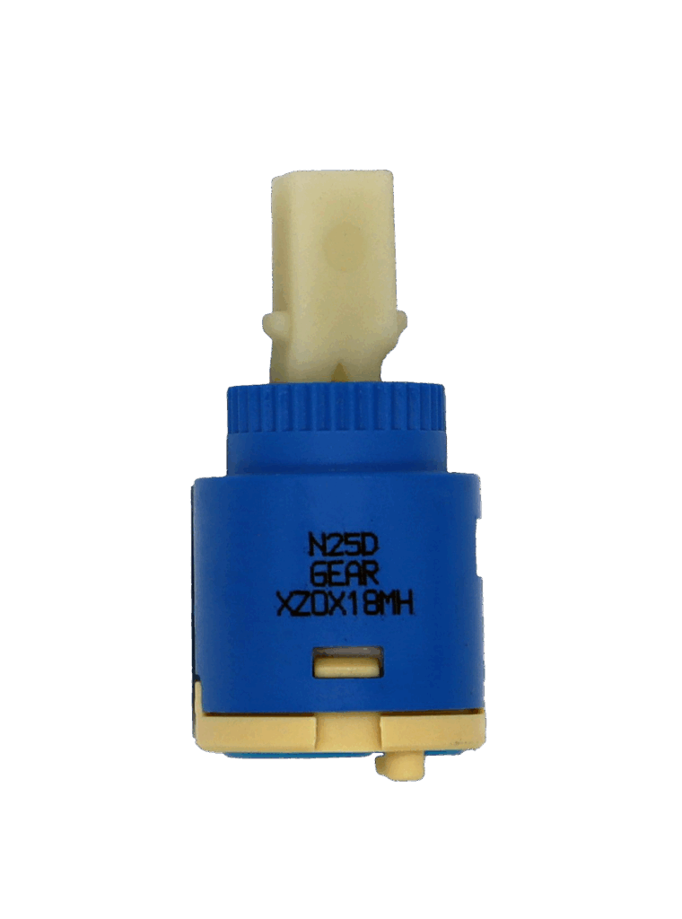 Blue and tan plastic cartridge white square handle connection adn blue rubber bottom seal.