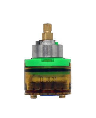 Clear plastic cartridge with green top metal limit stop brass stem and blue rubber seal.
