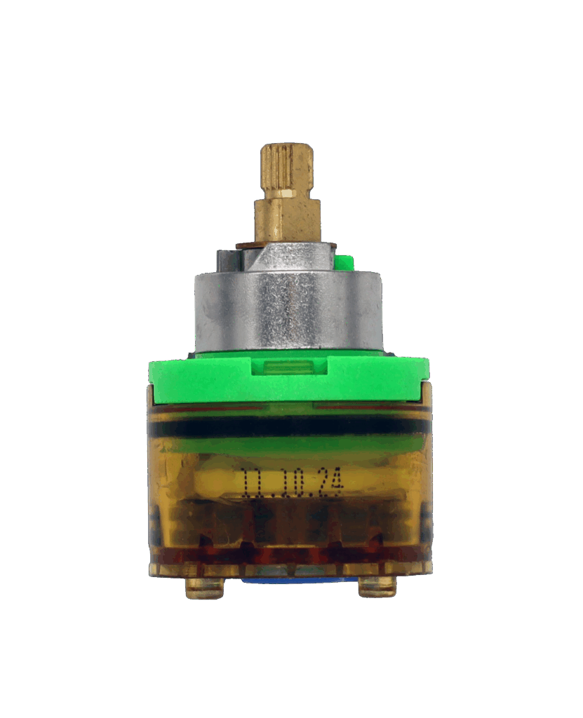 Clear plastic cartridge with green top metal limit stop brass stem and blue rubber seal.