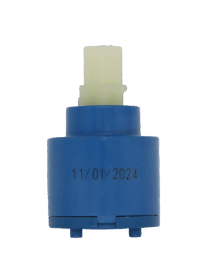 Blue plastic cartridge with white square handle connection with blue rubber seal.