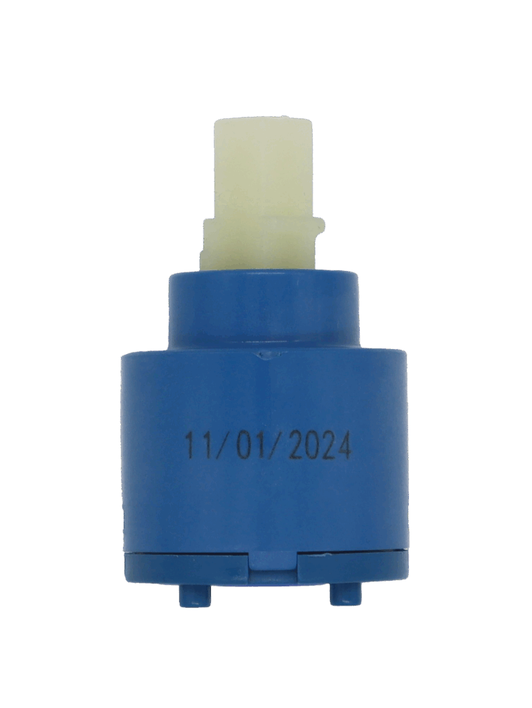 Blue plastic cartridge with white square handle connection with blue rubber seal.