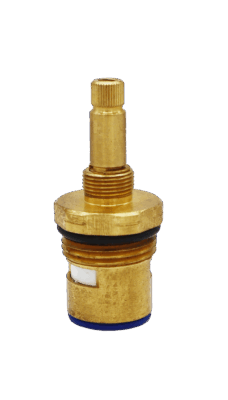Brass cartridge with black rubber o-ring white ceramic discs and blue bottom seal.