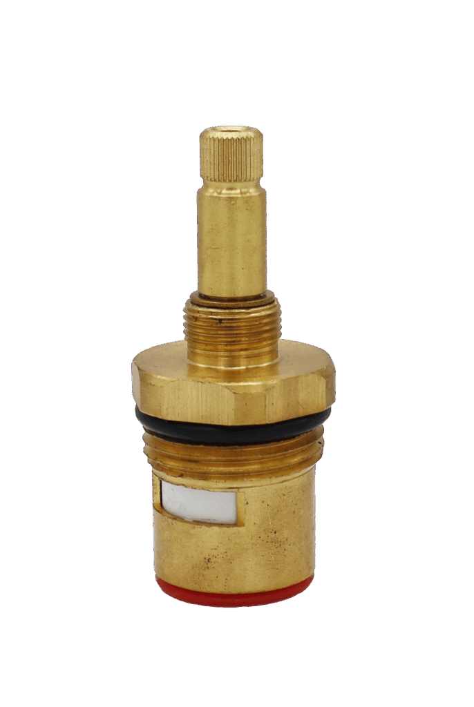 Brass cartridge with black rubber o-ring white ceramic discs and red rubber washer.