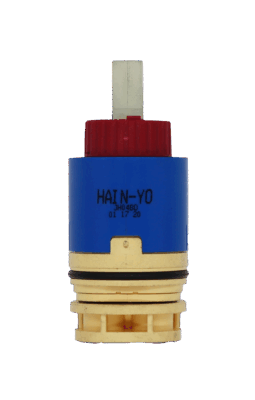 Blue plastic cartridge with red limit stop white square handle connection black oring with tan bottom.