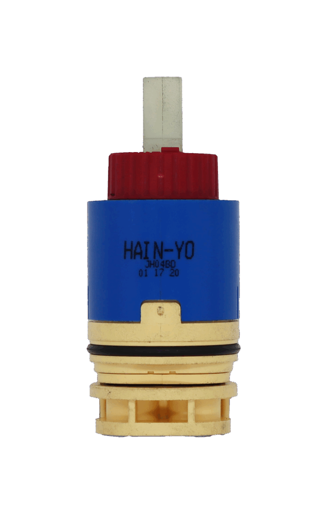 Blue plastic cartridge with red limit stop white square handle connection black oring with tan bottom.