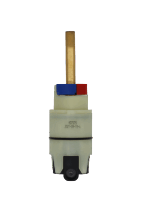 White plastic cartridge with red and blue limit stop square brass stem black rubber o-ring with black rubber seals.