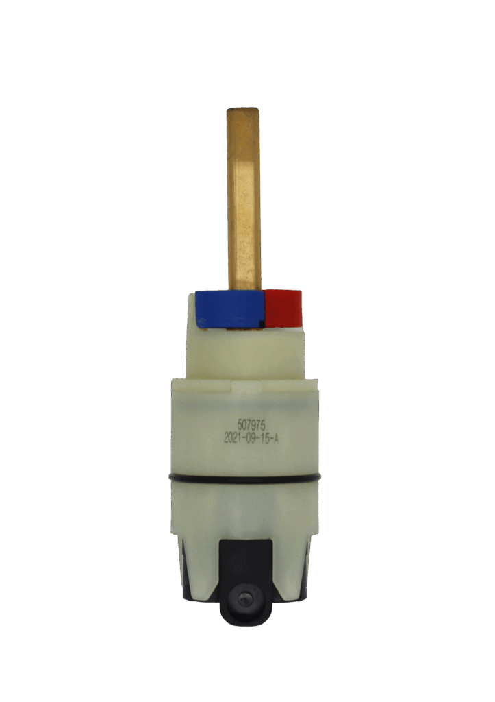 White plastic cartridge with red and blue limit stop square brass stem black rubber o-ring with black rubber seals.