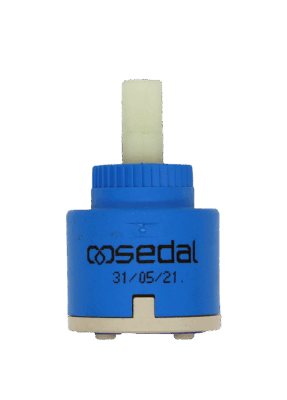 Blue plastic cartridge with white square handle connection with blue rubber gasket.