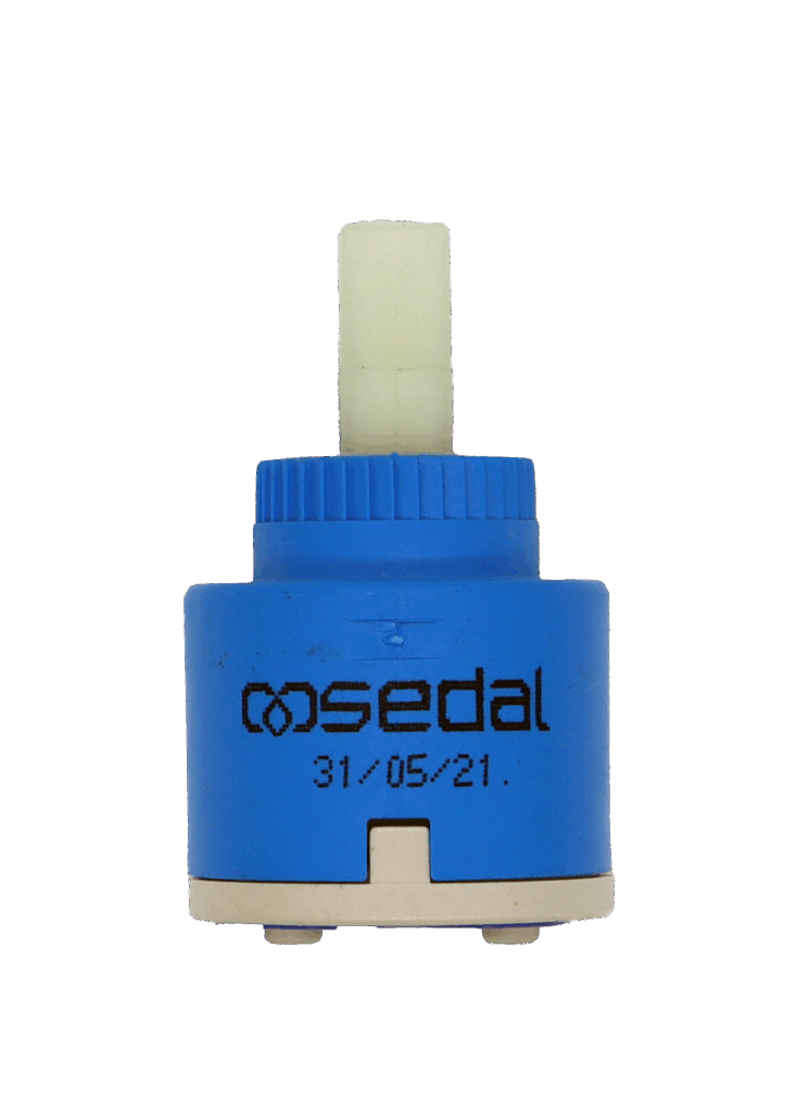 Blue plastic cartridge with white square handle connection with blue rubber gasket.