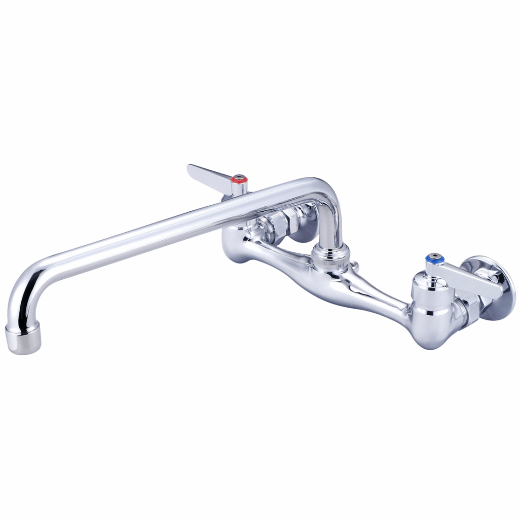 Polished chrome back mount faucet with 2 handles and long swivel spout.