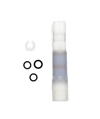 Bright white plastic with blue plastic inner check valve with black rubber o-rings and white plasti clip.