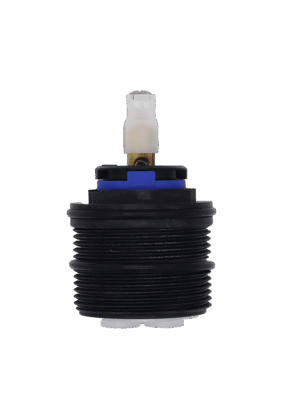 Blue and white plastic cartridgw with black plastic body and rubber seals.