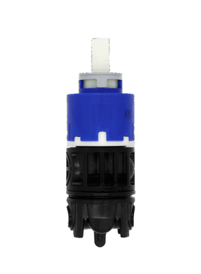 Blue white and balc plastic cartridge with black rubber seals.
