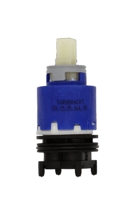 Blue and white plastic cartridgw with grey limit stop white square handle connection and black plastic balancer.