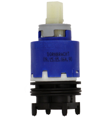 Blue and white plastic cartridgw with grey limit stop white square handle connection and black plastic balancer.