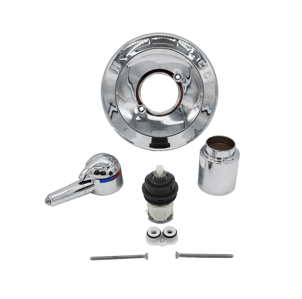 Polished chrome escutcheon handle and sleeve with plastic cartridge and polished chrome screws.