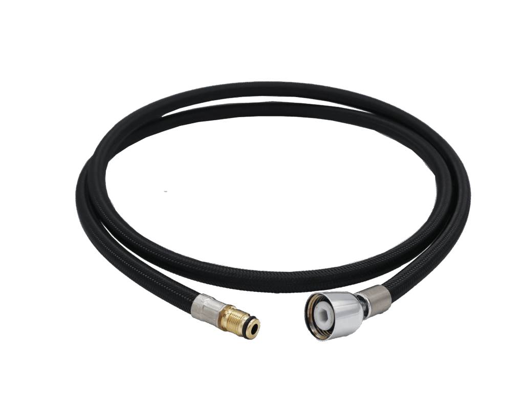 Black braided hose with brass faucet fitting and polished chrome handle connection.