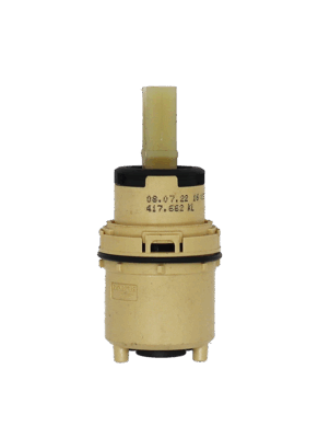 Tan plastic cartridge with square handle connection with black rubber o-ring and black rubber seals.