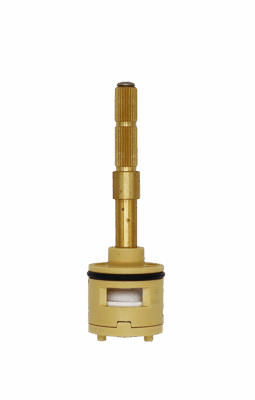Tan plastic cartridge with brass stem black rubber o-ring blue rubber seals and white ceramic discs.