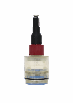Clear plastic cartridgw with red limit stop with black plastic handle adapter with black rubber o-ring with blue rubber seal.
