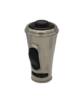 Brushed nickel spray head with black rubber button and black aerator.