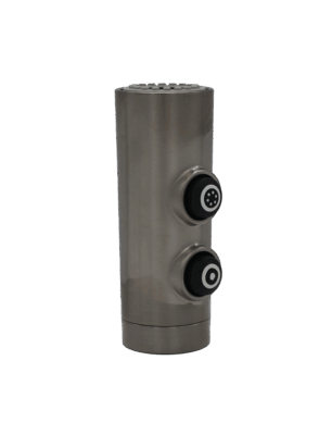 Deep stainless color sprayhead with black rubber button controls.