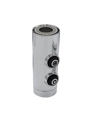 Bright polished chrome sprayhead with black rubber buttons and grey spray face.