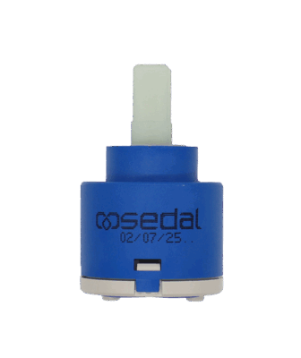 Bright blue plastic cartridge with sedal printed on it white square handle connection grey bottom with blue bottom seal.