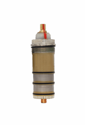 Tan cartridge body with stainless screens brass stem copper bottom and black orings.