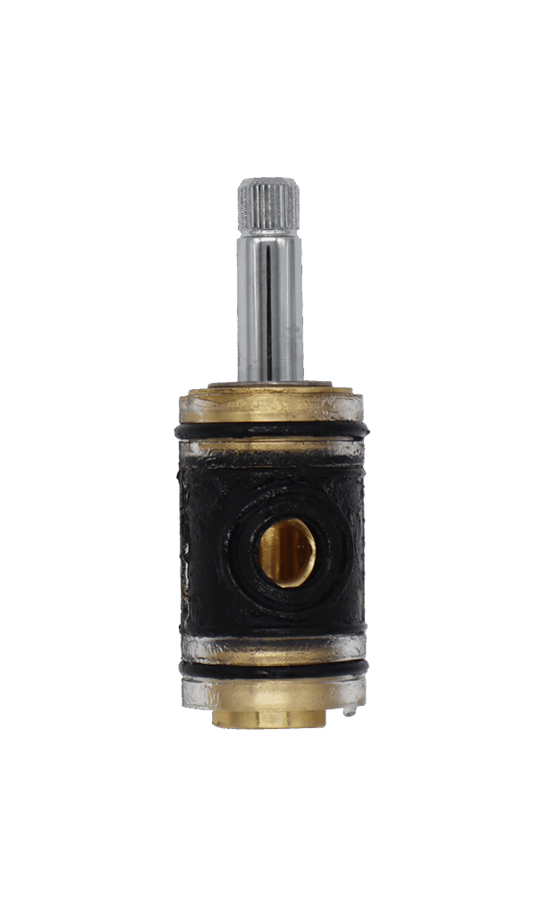 Clear plastic body with brass center polished chrome stem and black rubber seals.
