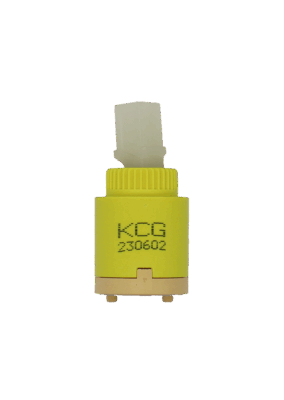 Bright yellow plastic cartridge with white square handle connection tan bottom and grey rubber seal.