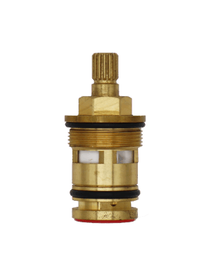 Brass cartridge with black rubber o-rings white ceramic discs and red rubber bottom seal.