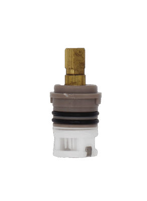 Grey and white plastic cartridge with brass stem black rubber o-rings and stainless bottom.