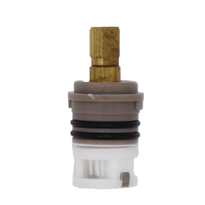Grey and white plastic cartridge with brass stem black rubber o-rings and stainless bottom.
