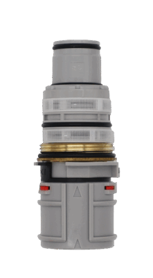 Gray cartridge with a brass center ring with black o-rings and red control tab.