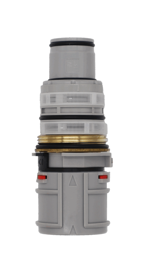 Gray cartridge with a brass center ring with black o-rings and red control tab.