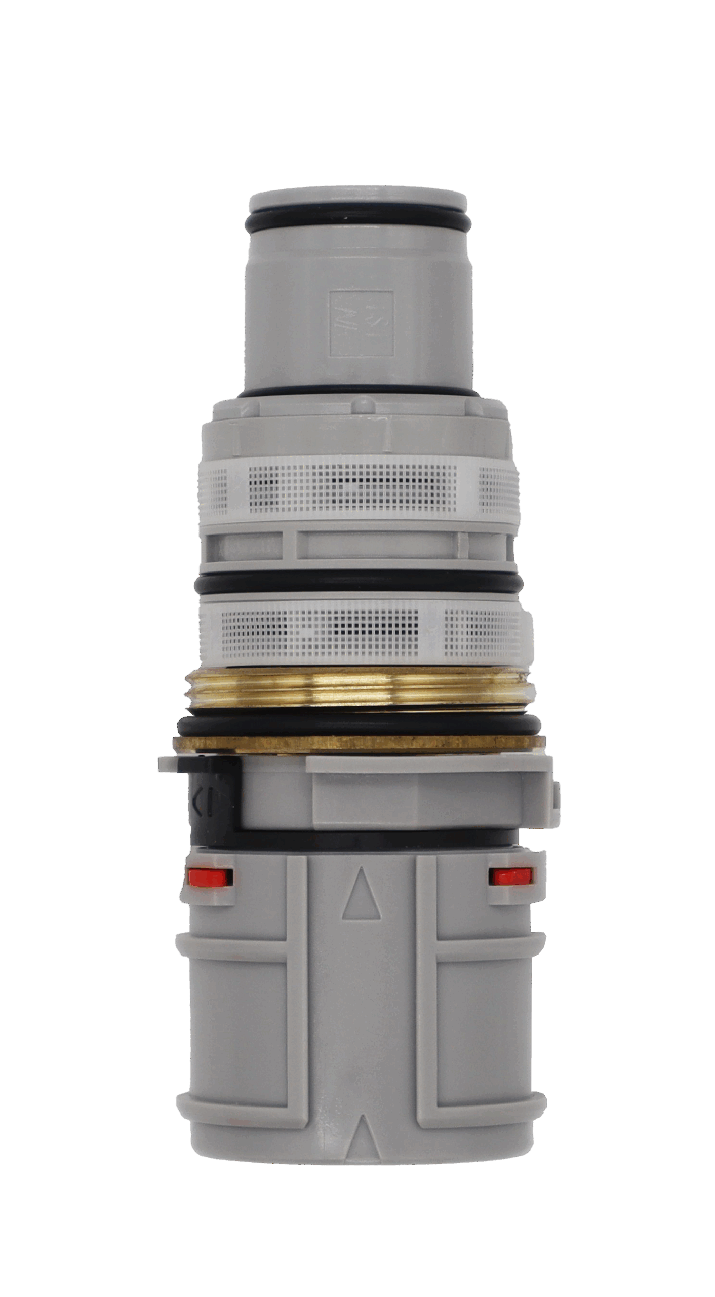 Gray cartridge with a brass center ring with black o-rings and red control tab.