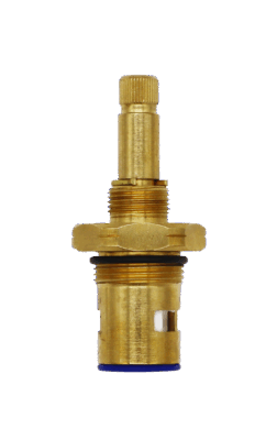 Bright brass cartridge with white ceramic discs and black o-ring and blue rubber washer.