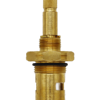 Bright brass cartridge with white ceramic discs and black o-ring and blue rubber washer.