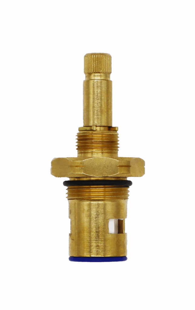 Bright brass cartridge with white ceramic discs and black o-ring and blue rubber washer.