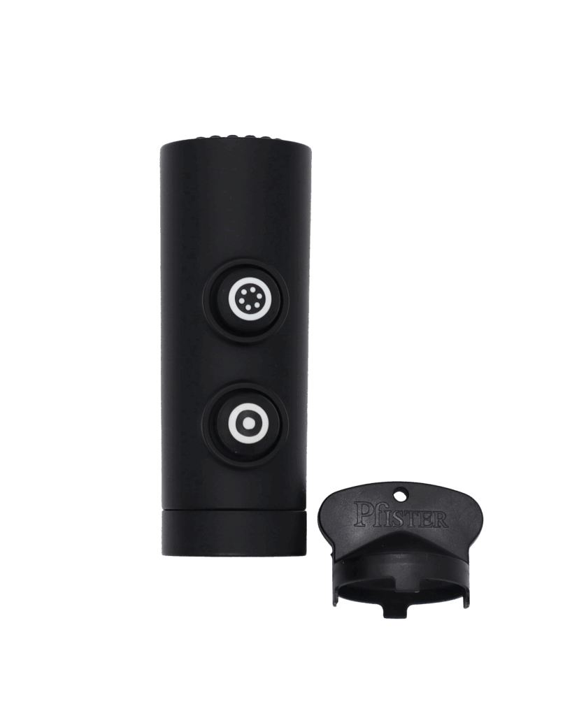 Front view of the matte black spray head with removal tool for Montay & Zanna.