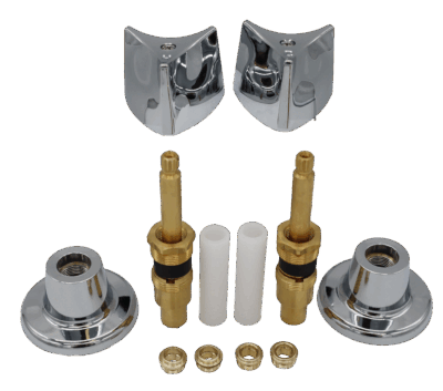 Chrome handles and escutcheons brass stems and seats with plastic nipples and black rubber packing.