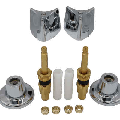 Chrome handles and escutcheons brass stems and seats with plastic nipples and black rubber packing.