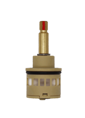 Tan ceramic diverter cartridge with brass stem and black orings for Chicago Faucets diverter valve.