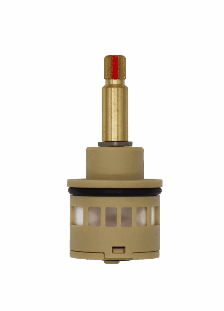 Tan ceramic diverter cartridge with brass stem and black orings for Chicago Faucets diverter valve.